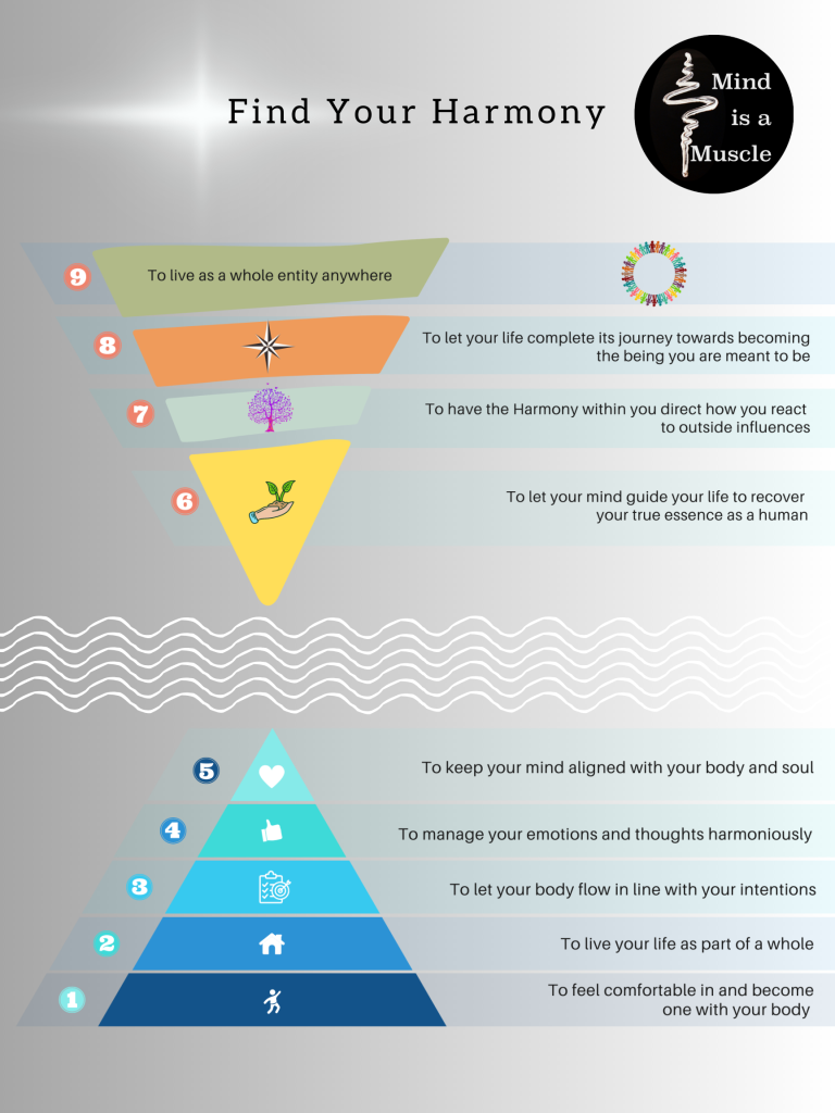Find your Harmony Mission Statement 1st To feel comfortable in and become one with your body 2nd To live your life as part of a whole 3rd To let your body flow in line with your intentions 4th To manage your emotions and thoughts harmoniously 5th To keep your mind aligned with your body and soul 6th To let your mind guide your life to recover your true essence as a human 7th To have the Harmony within you direct how you react to outside influences. 8th To let your life complete its journey towards becoming the being you are meant to be 9th To live as a whole entity anywhere.
